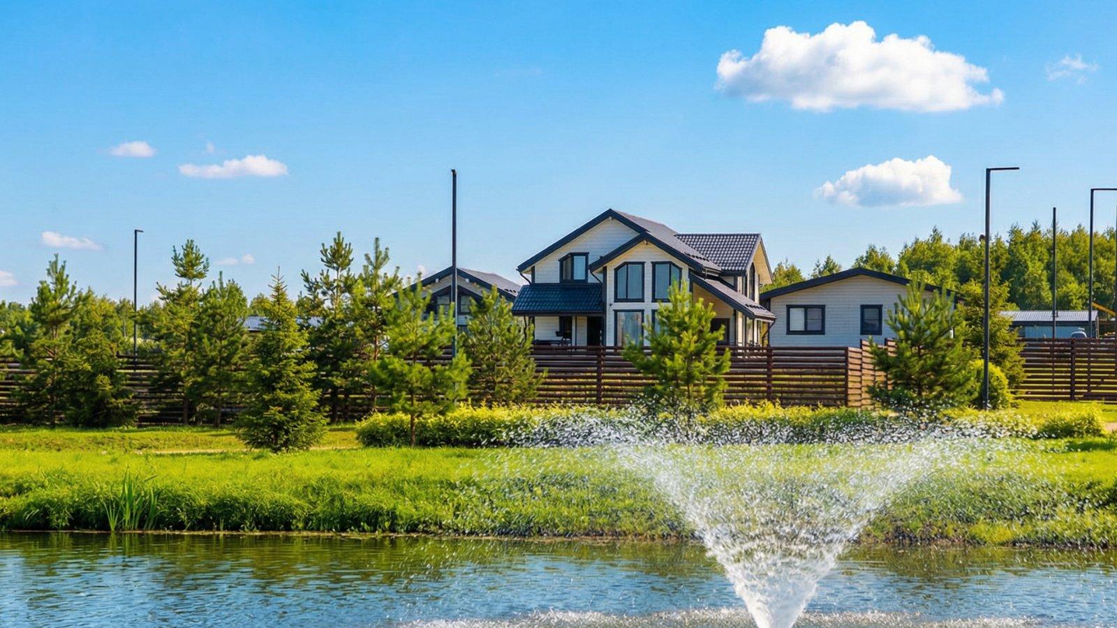 Коттеджный посёлок Bayside Residence у воды: дома, каскад озёр с фонтаном и хвойный лес
