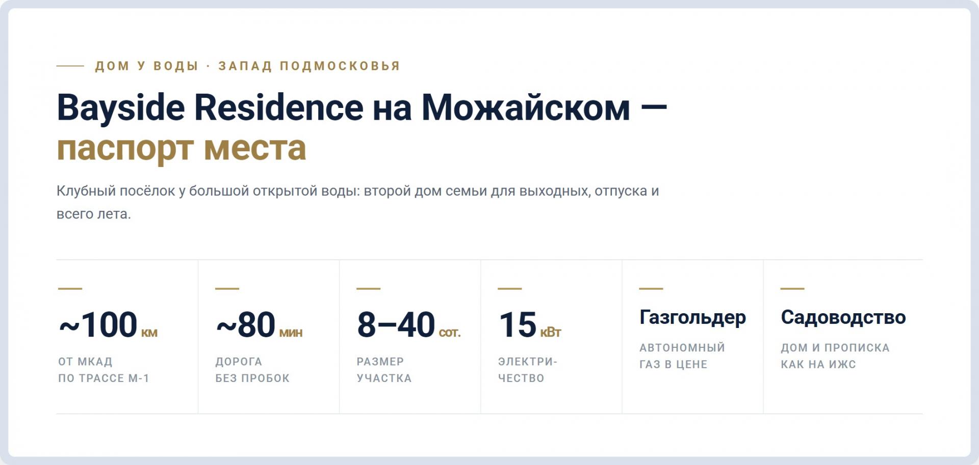 Паспорт Bayside Residence на Можайском: ~100 км и ~80 минут от МКАД, участки 8–40 соток, 15 кВт, газгольдер, садоводство